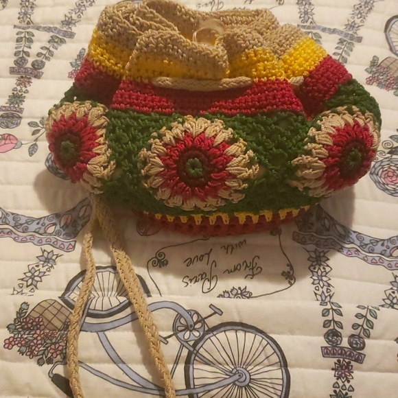 The Sak...  crocheted  bag multicolored  drawstring and snap button closure. - Picture 2 of 3